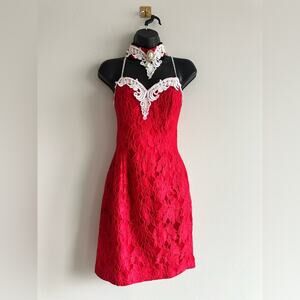 Vintage 90s Roberta Red Lace Mini Dress with Victorian Collar Detail – Size 9/10